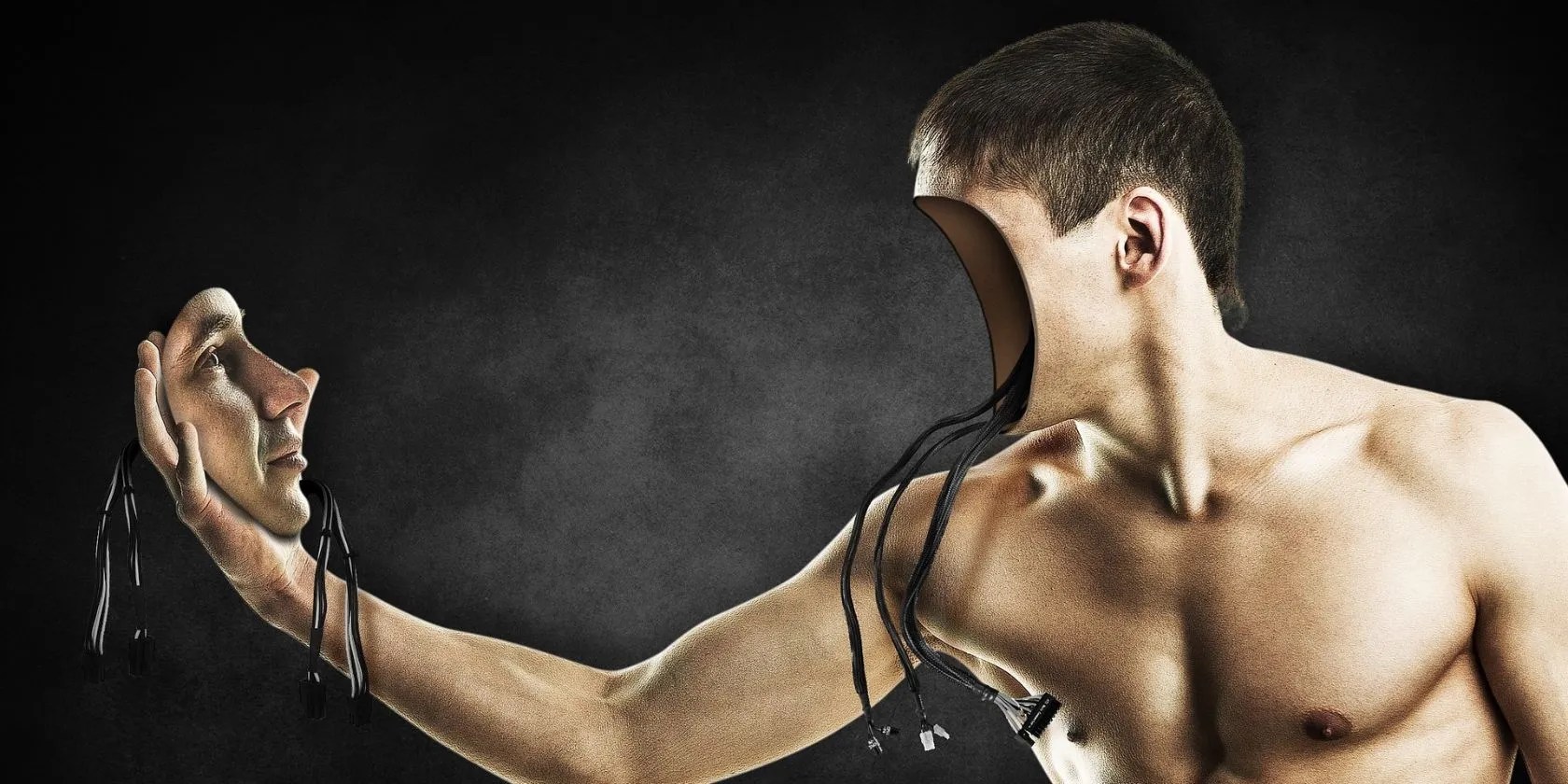 A robot human holding its own face in its hand