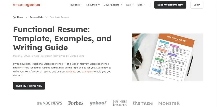 Screenshot of ResumeGenius(dotcom) functional resume template page
