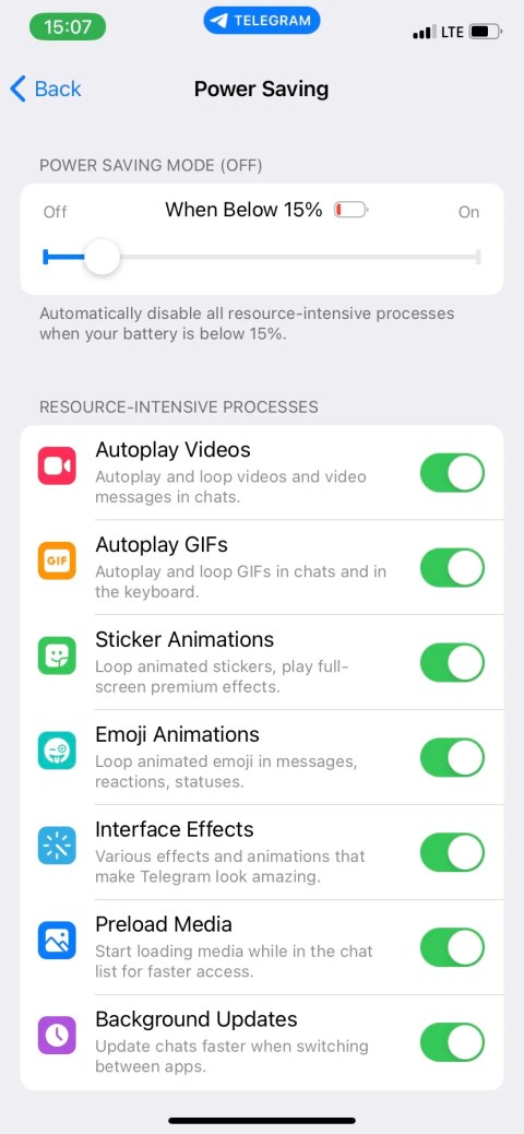 Telegram power savings page