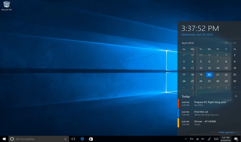 Windows 10 calendar flyout