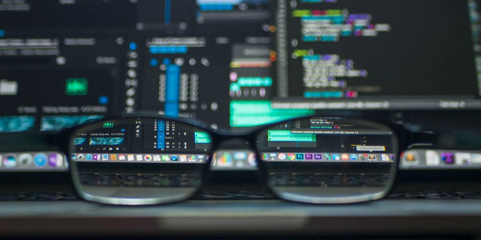 Computer code in focus through lens