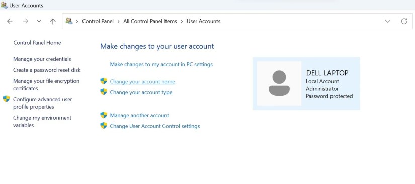 Click on Change Your Account Name in User Account Settings in Windows Control Panel