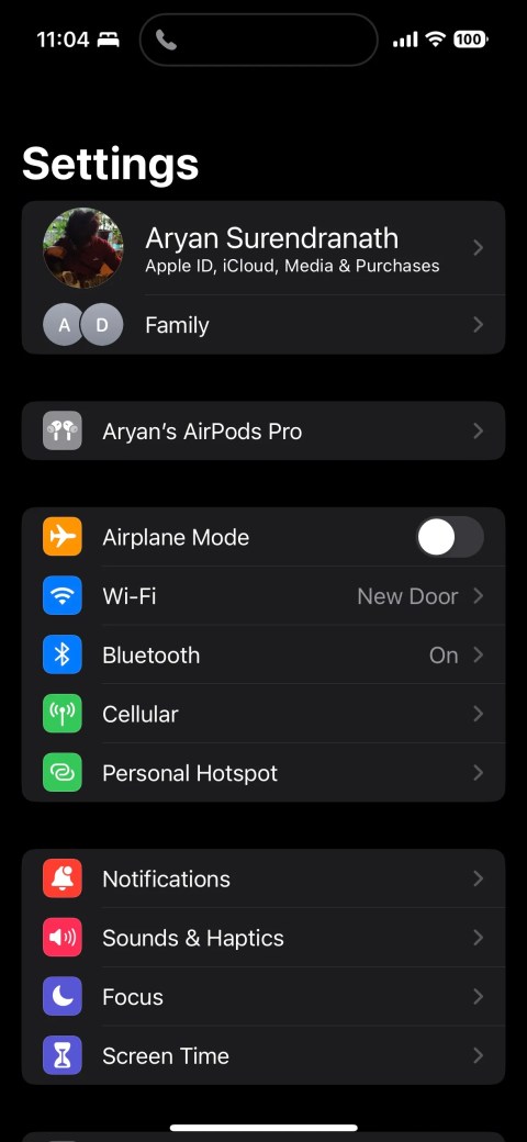 Apple Settings App First Page showing AirPods option