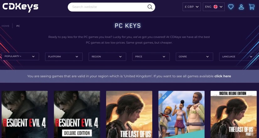 cd keys website homepage screenshot