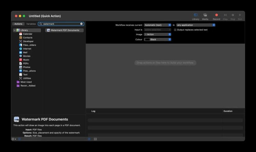 searching for Watemark PDF Documents action in Automator