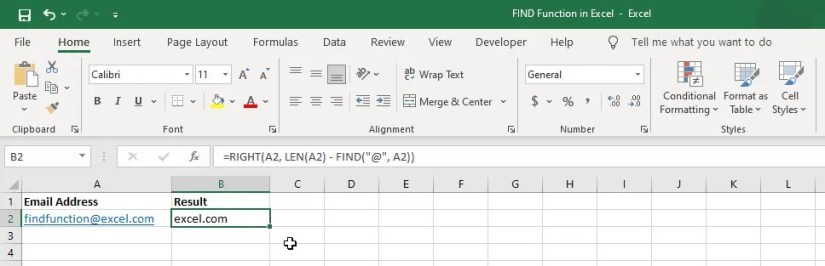 Excel table showing how to use FIND and RIGHT functions