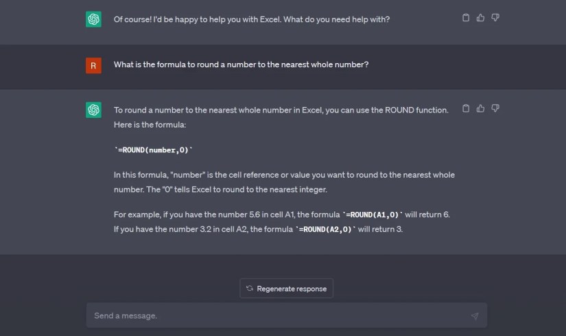 ChatGPT showing the formula to round a number to the nearest whole number on Excel