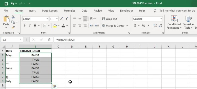 Excel worksheet showing how to use the ISBLANK function