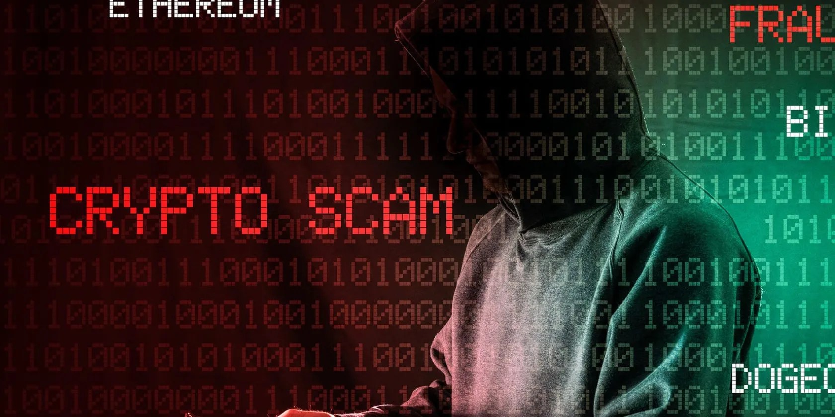 digital graphic of crypto terms and hooded man with code background