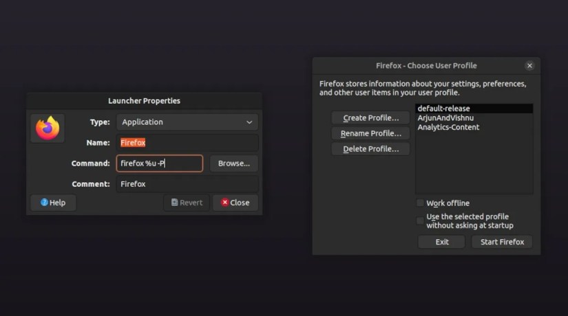 Image showing Launcher Properties and Choose User Profile dialog box of Firefox