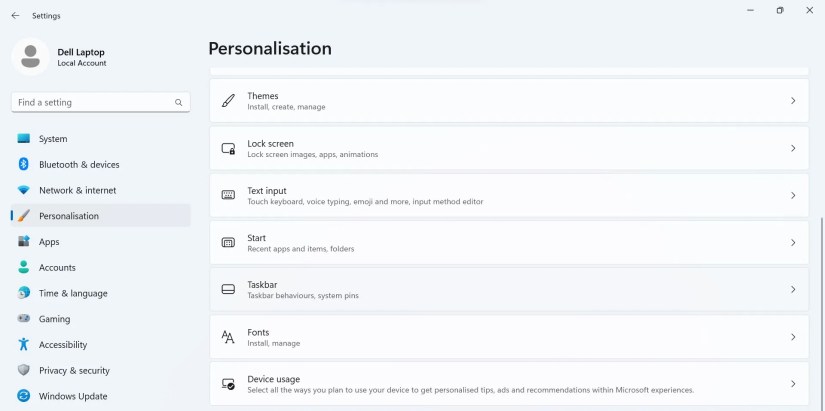 Go to Taskbar Settings in the Personalization Tab of Windows Settings App