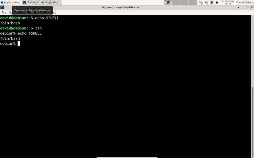 Debian terminal running Bash and zsh