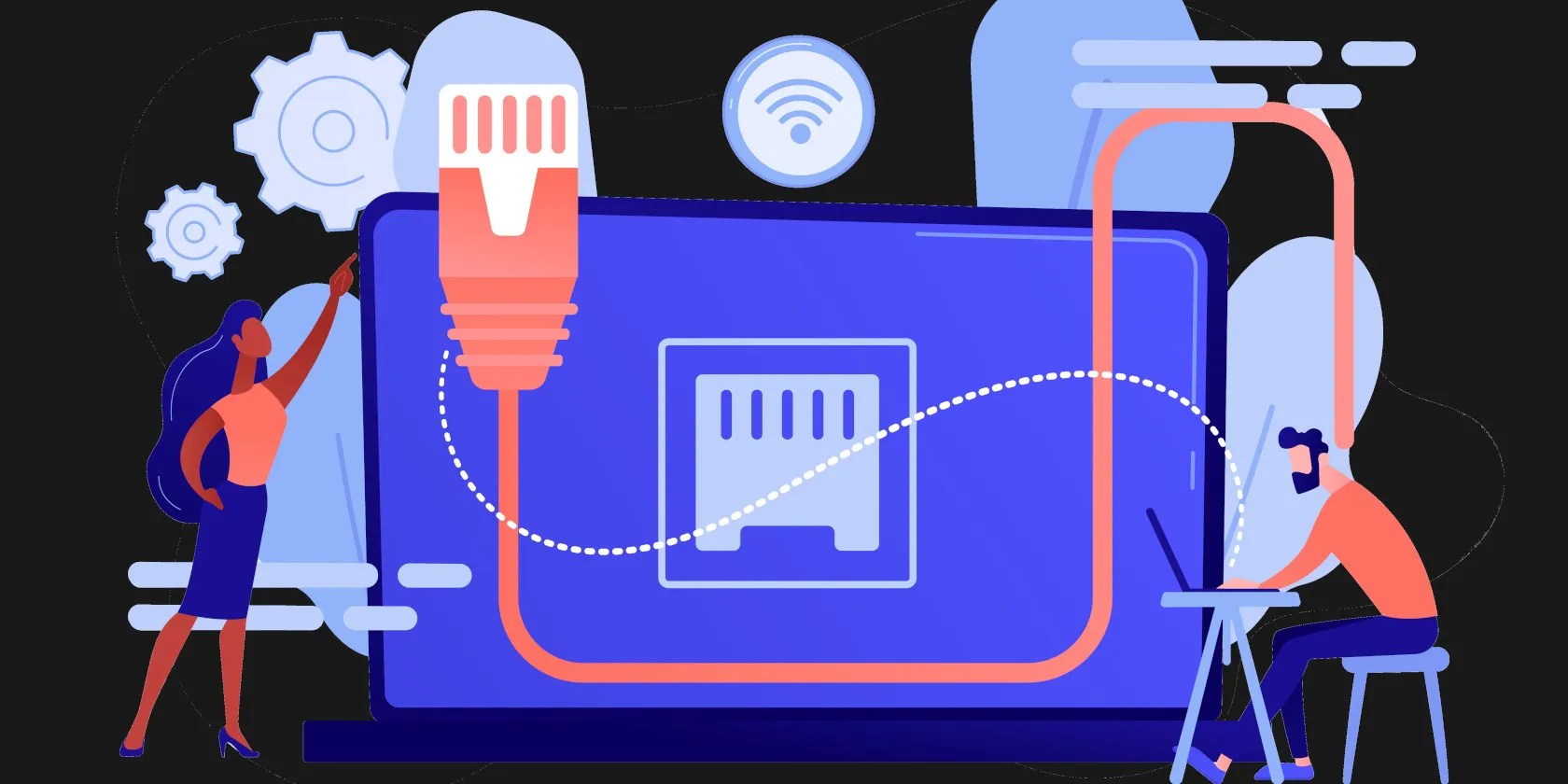 Man and woman setting up a network with ethernet cable