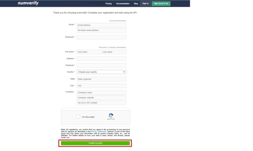 Numverify Website Create Account Page