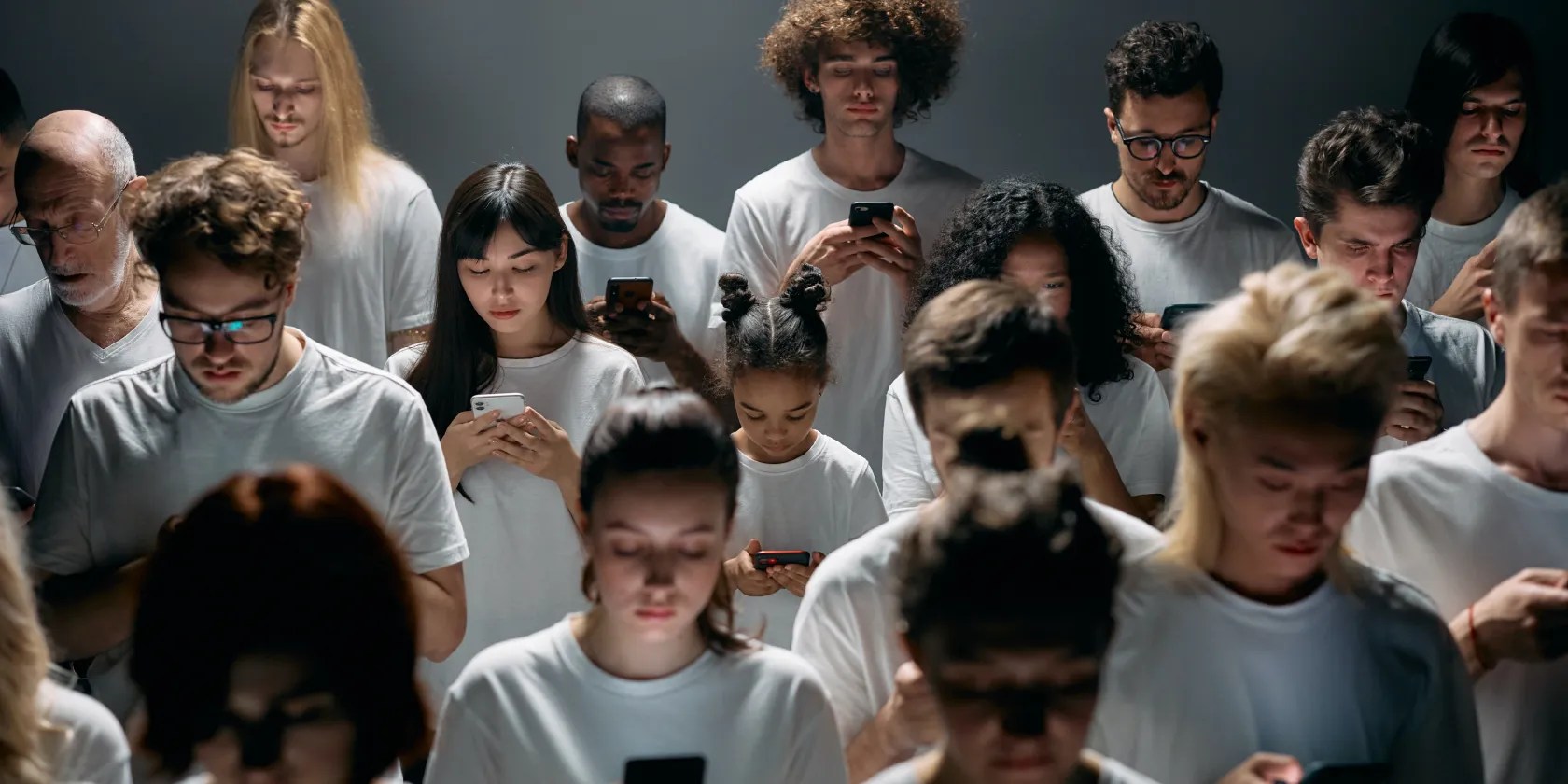 Many people looking down at their phones