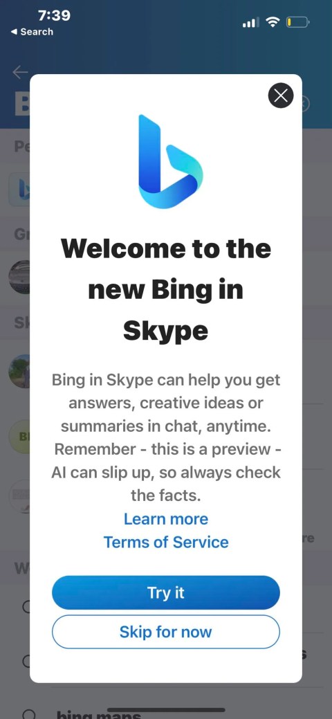 Bing Chat Try It Prompt on Skype Mobile