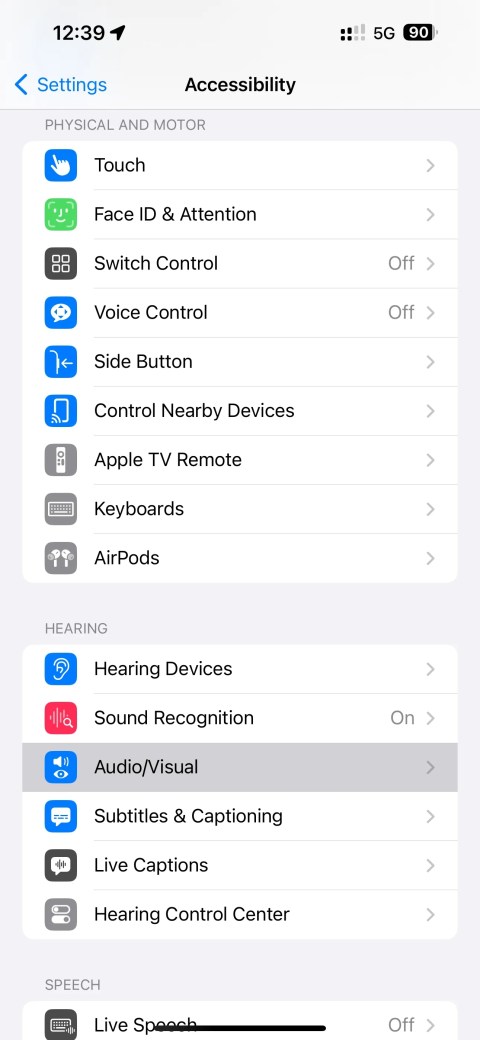 iPhone’s Settings app with the Audio/Visual accessibility section highlighted