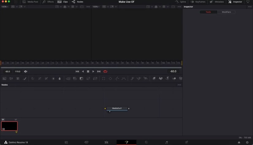 DaVinci Resolve Fusion Page Clips Tab Open