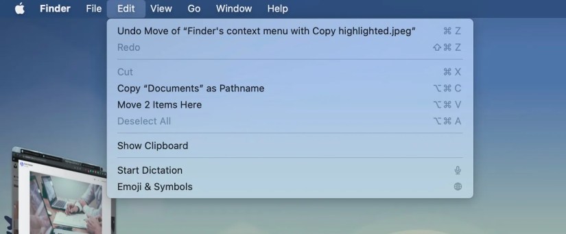 Edit menu showing move