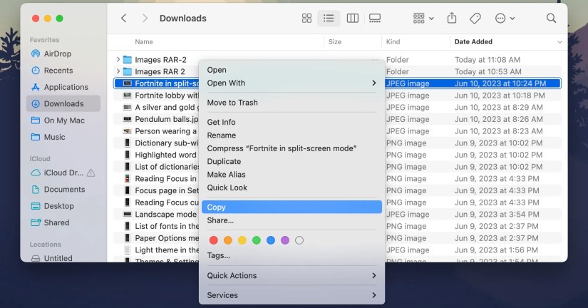 Finder’s context menu with Copy highlighted