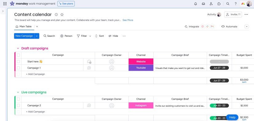 monday.com Content Calendar Interface