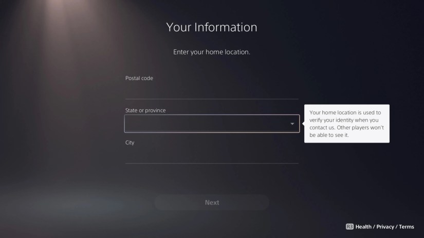 Page to input your address while creating a PSN account on a PS5