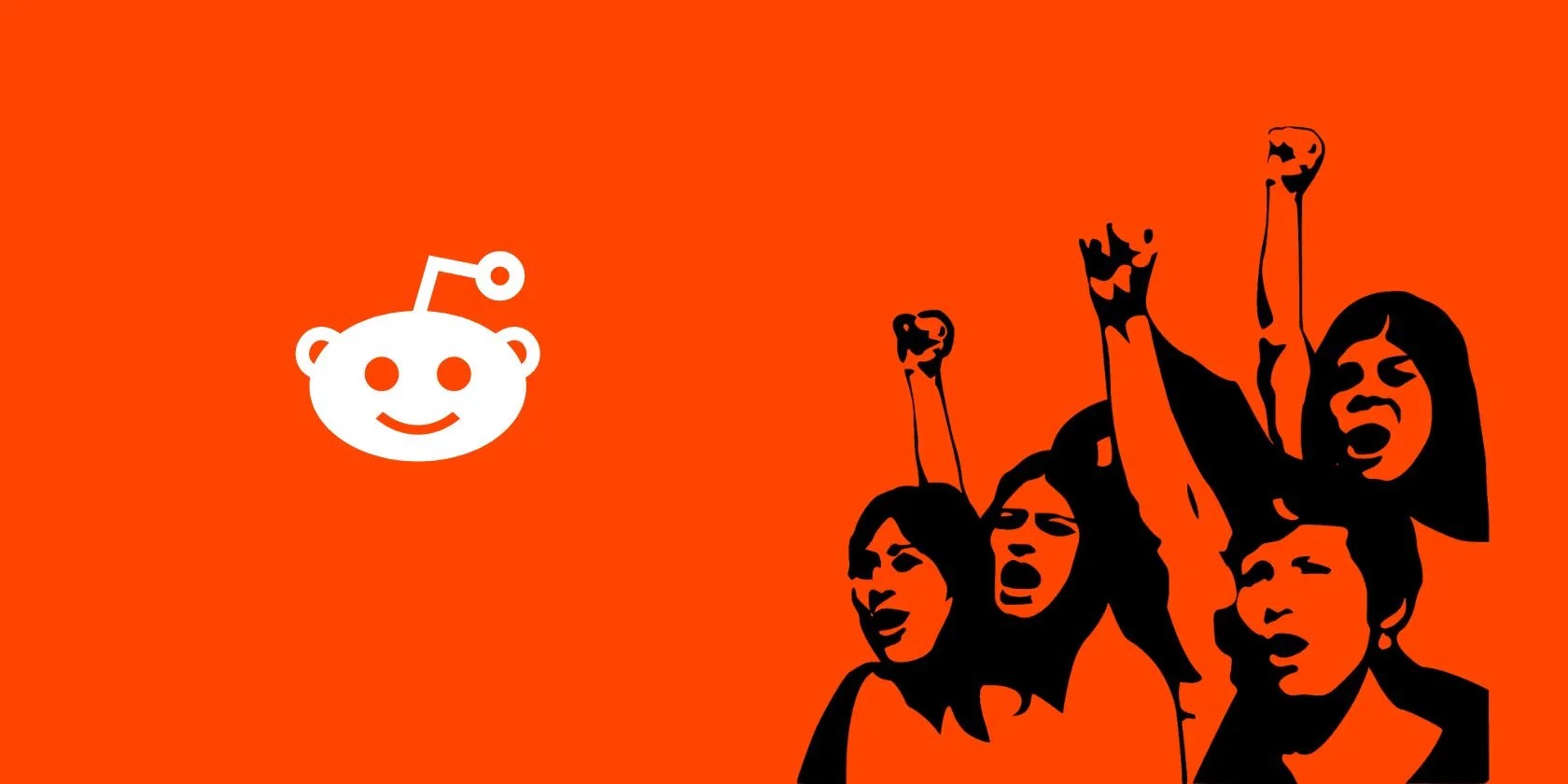 A vector of people protesting over an orange background with the Reddit logo to the side of them