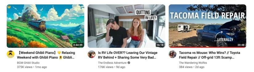 Three Different YouTube Channels lined up side by side