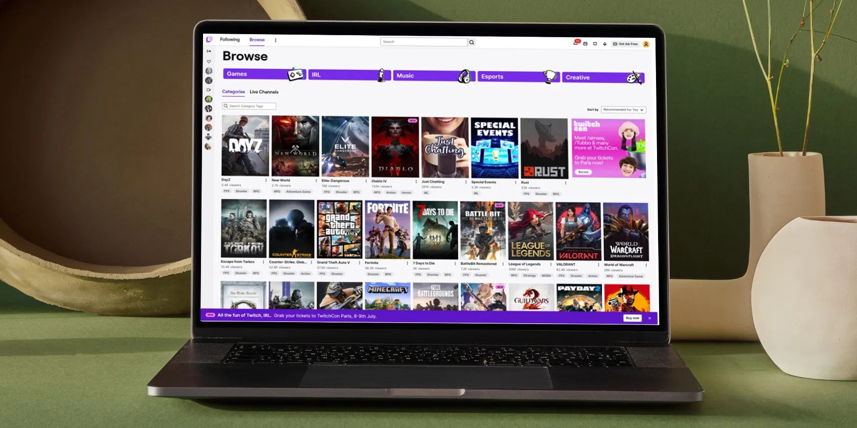 laptop displaying the Twitch browse screen