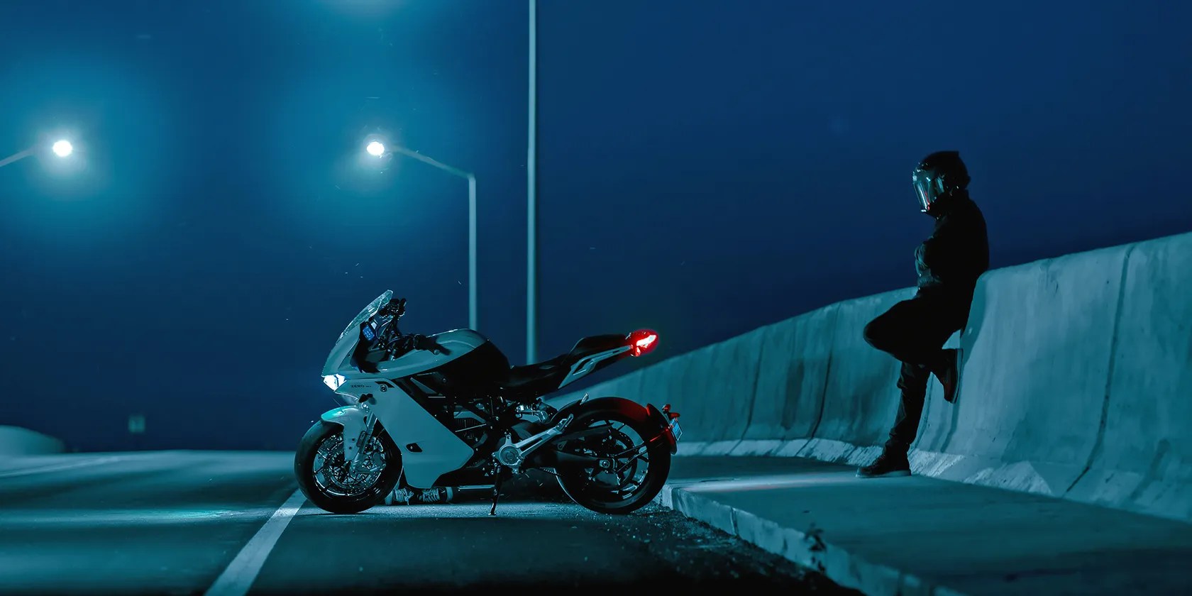 Zero SR/S electric motorbike and rider at night