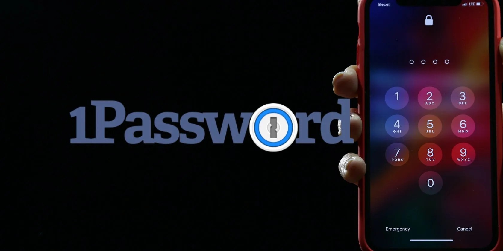 1password logo next to iphone displaying lock screen