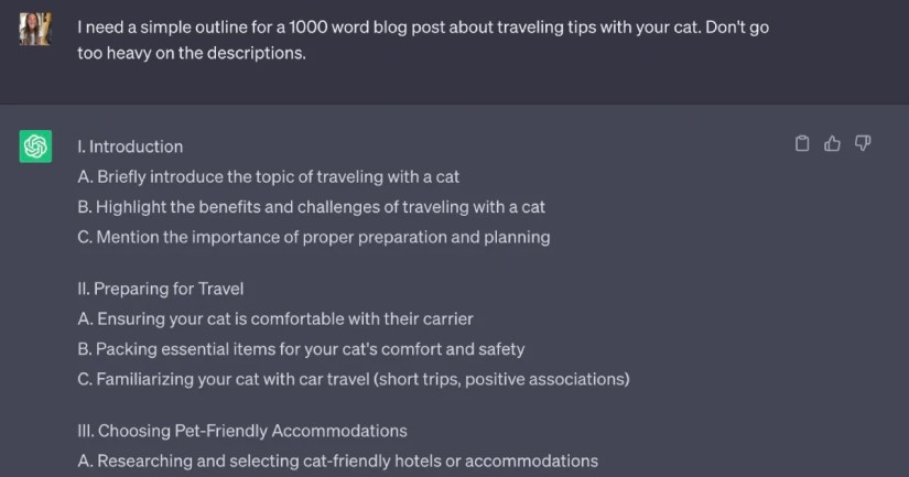AI Writing Assistant creates outline for a blog post about traveling with a cat