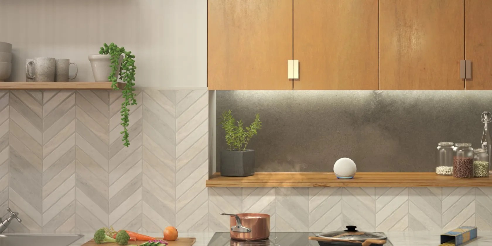 Amazon Echo Dot in a shelf in a kitchen