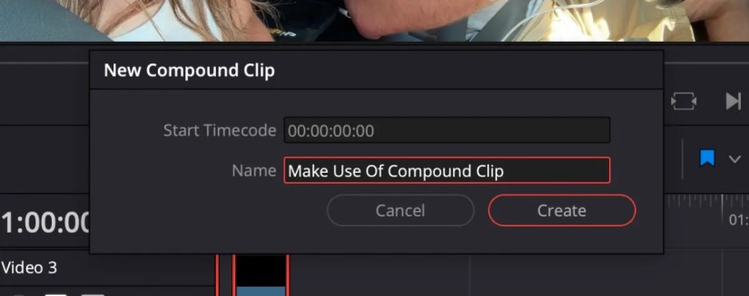 DaVinci Resolve new Compound Clip naming tab