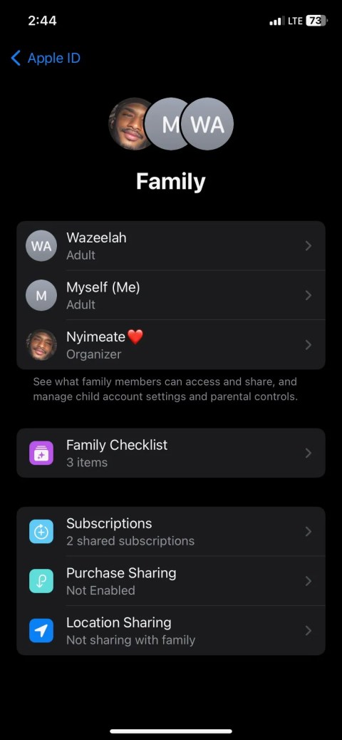 Family settings panel on iOS