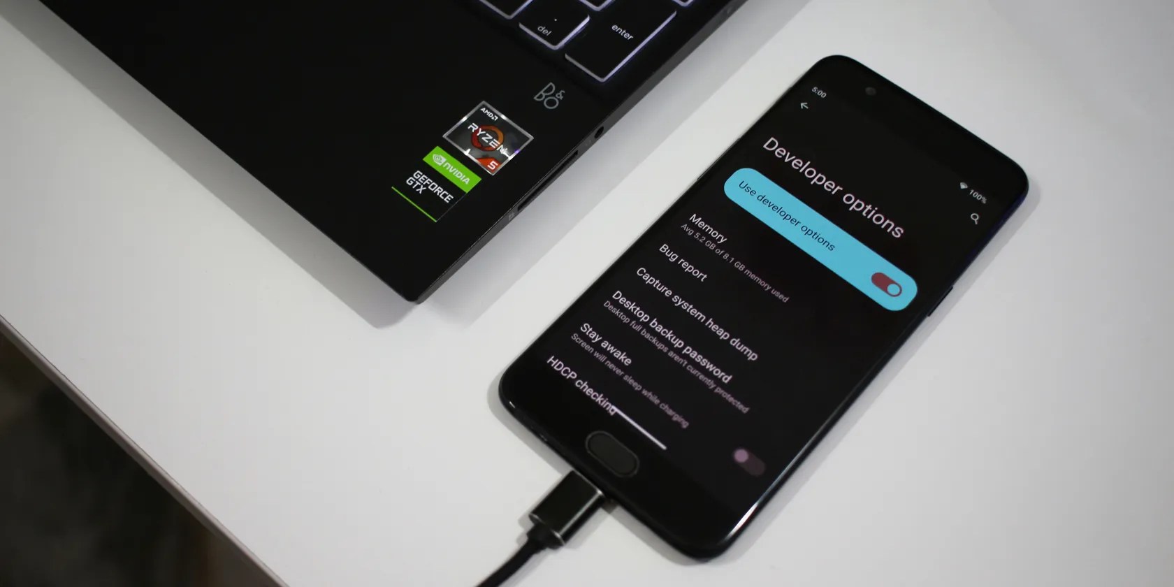 Android phone connected to a laptop
