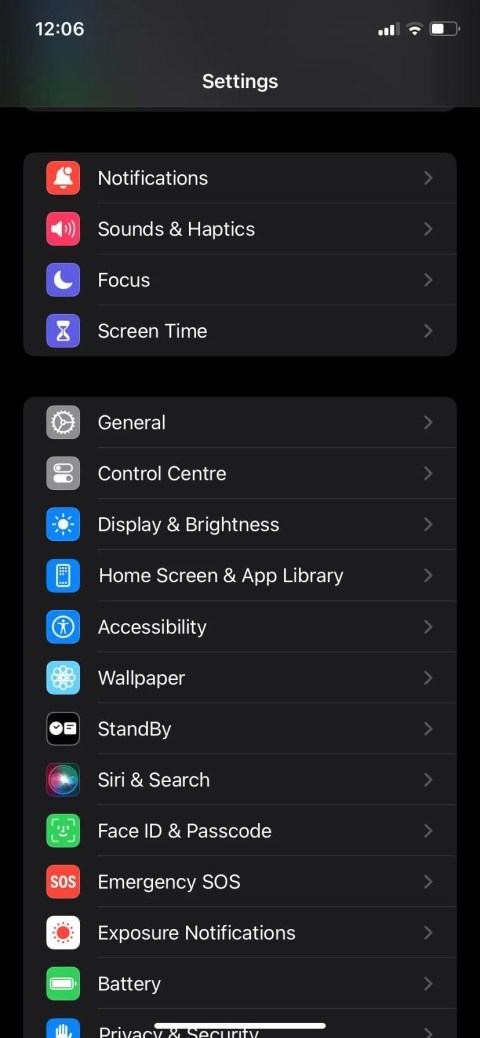 iPhone Settings General option