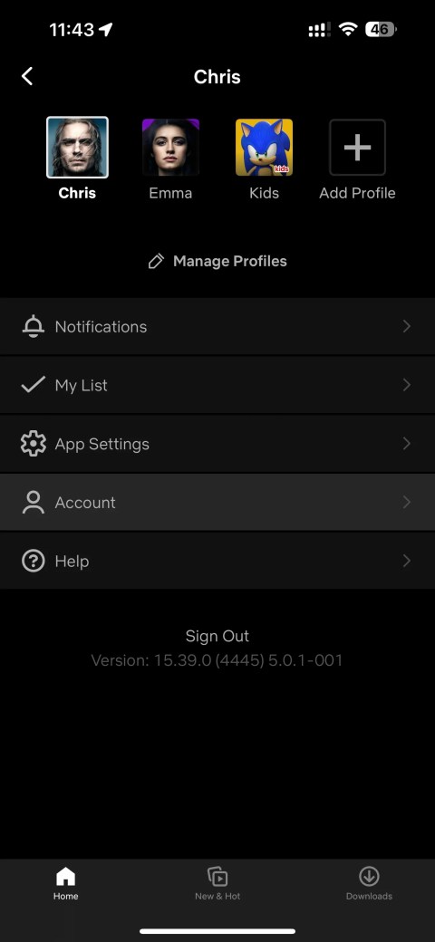 Netflix app menu Account option selected iPhone