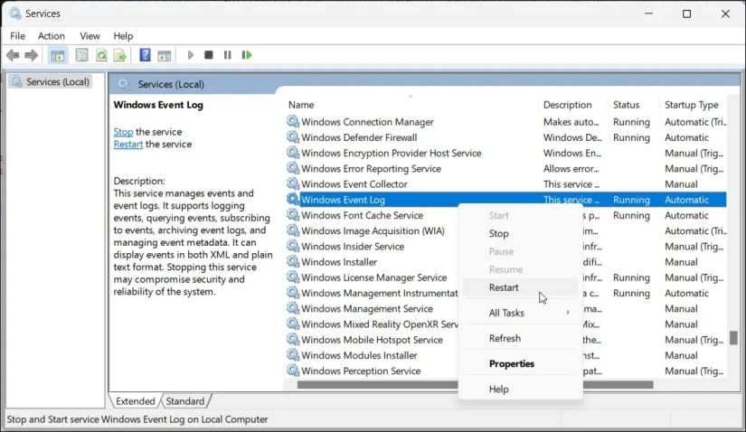 restart windows event log service