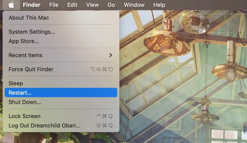 Restart button highlighted in the Apple menu