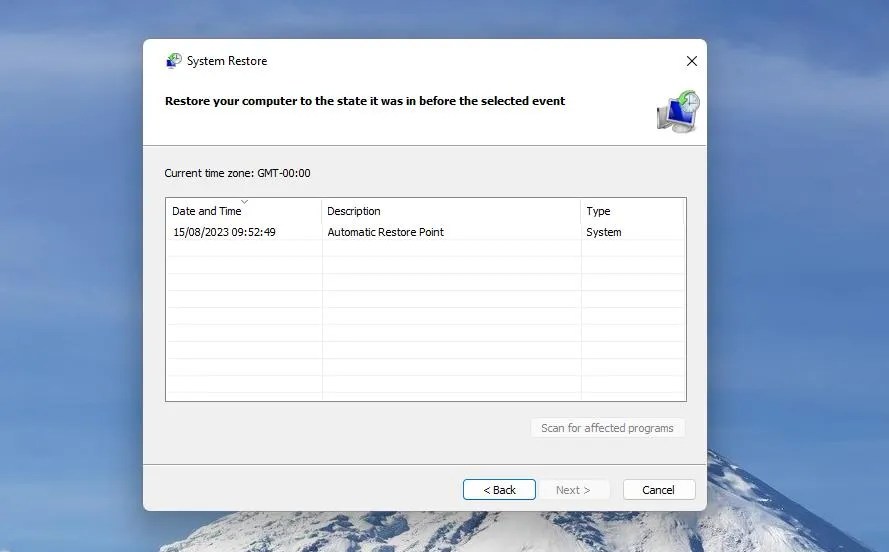 The System Restore tool