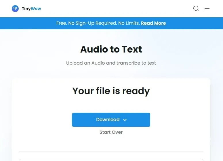 Upload an audio to TinyWow and transcribe to text