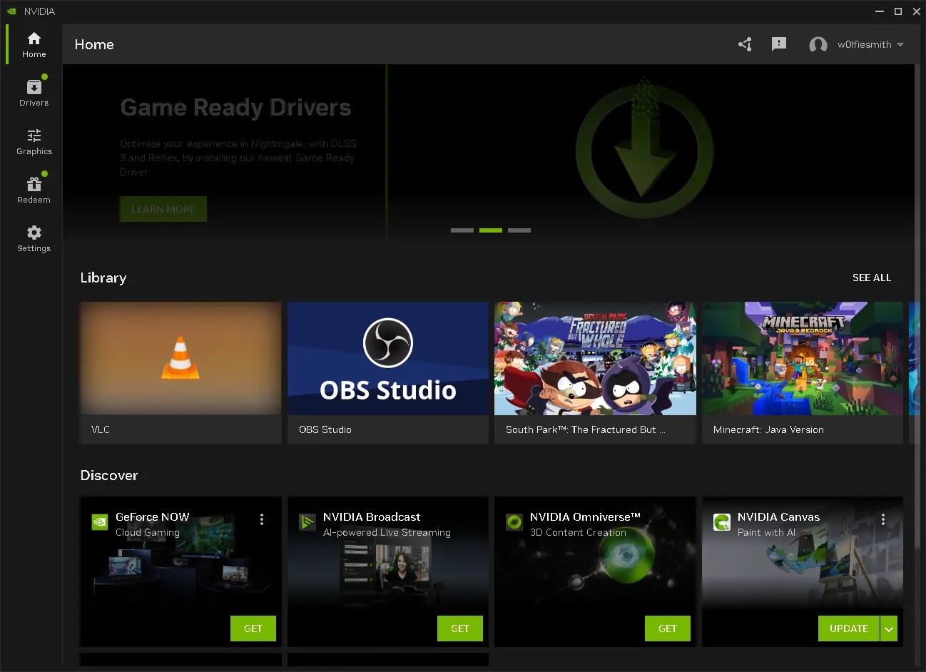 nvidia app homescreen