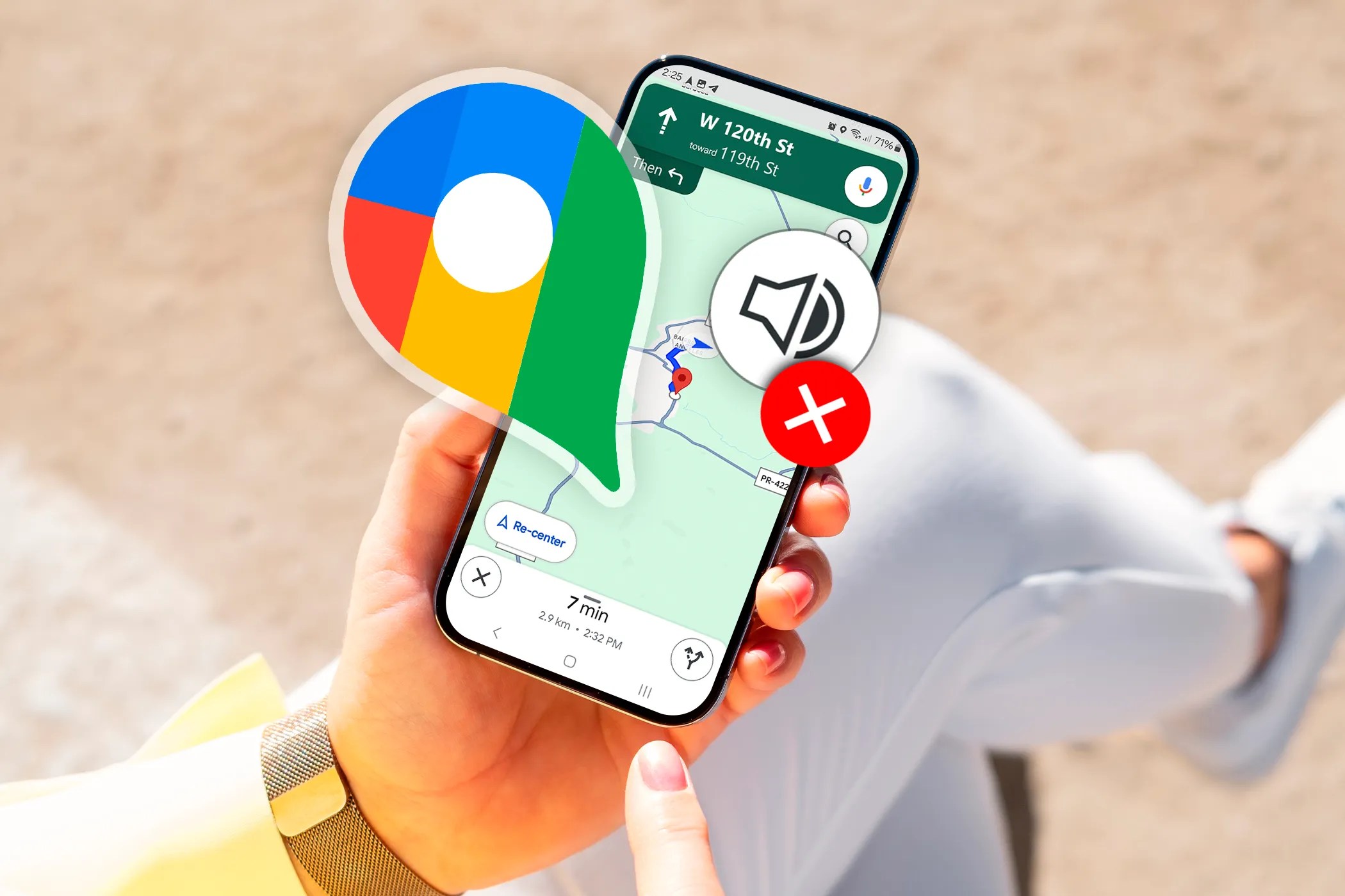 A hand holding a phone with Google Maps open and an ‘X’ over the voice navigation icon.