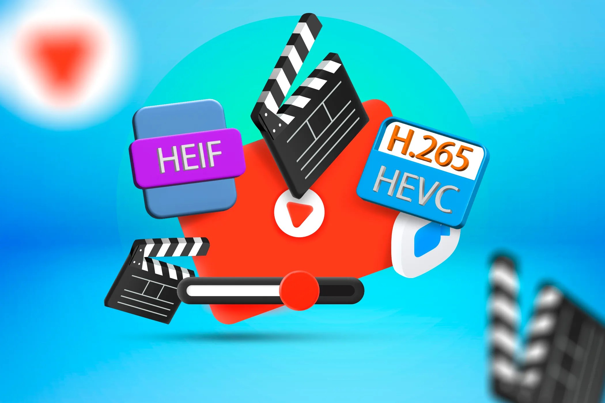 Illustration of a video player with some play icons, a clapperboard, and video codecs.