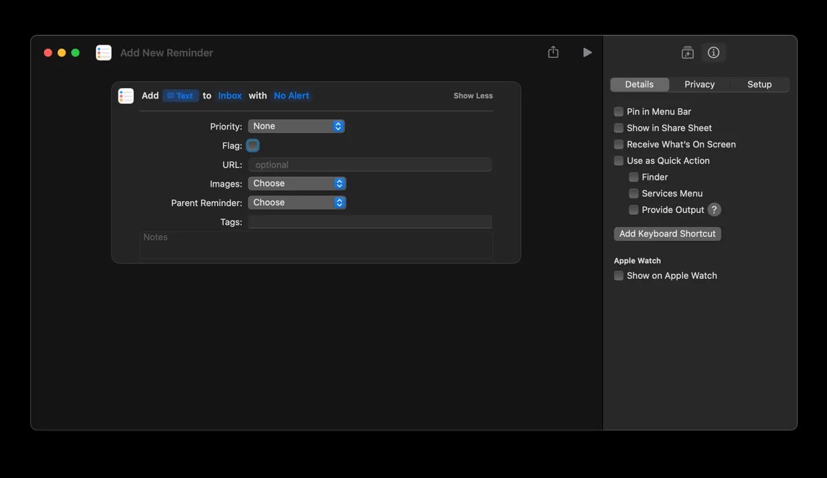 The settings menu in the Shortcut app