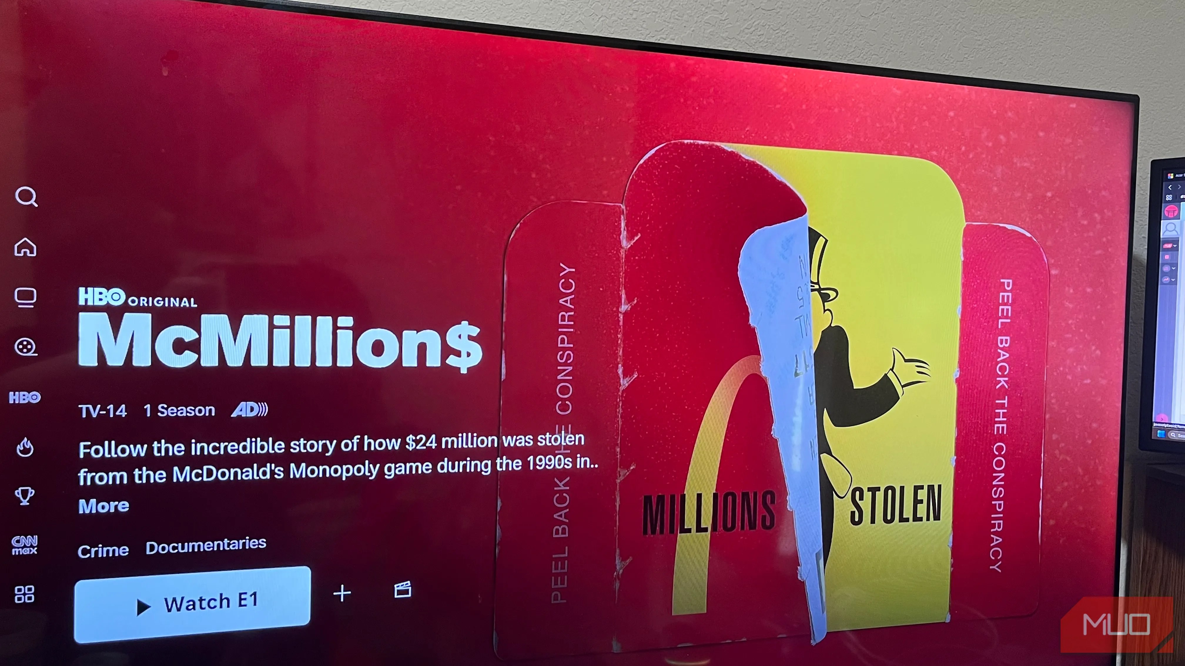 A photo of a television displaying the McMillions home page on HBO Max