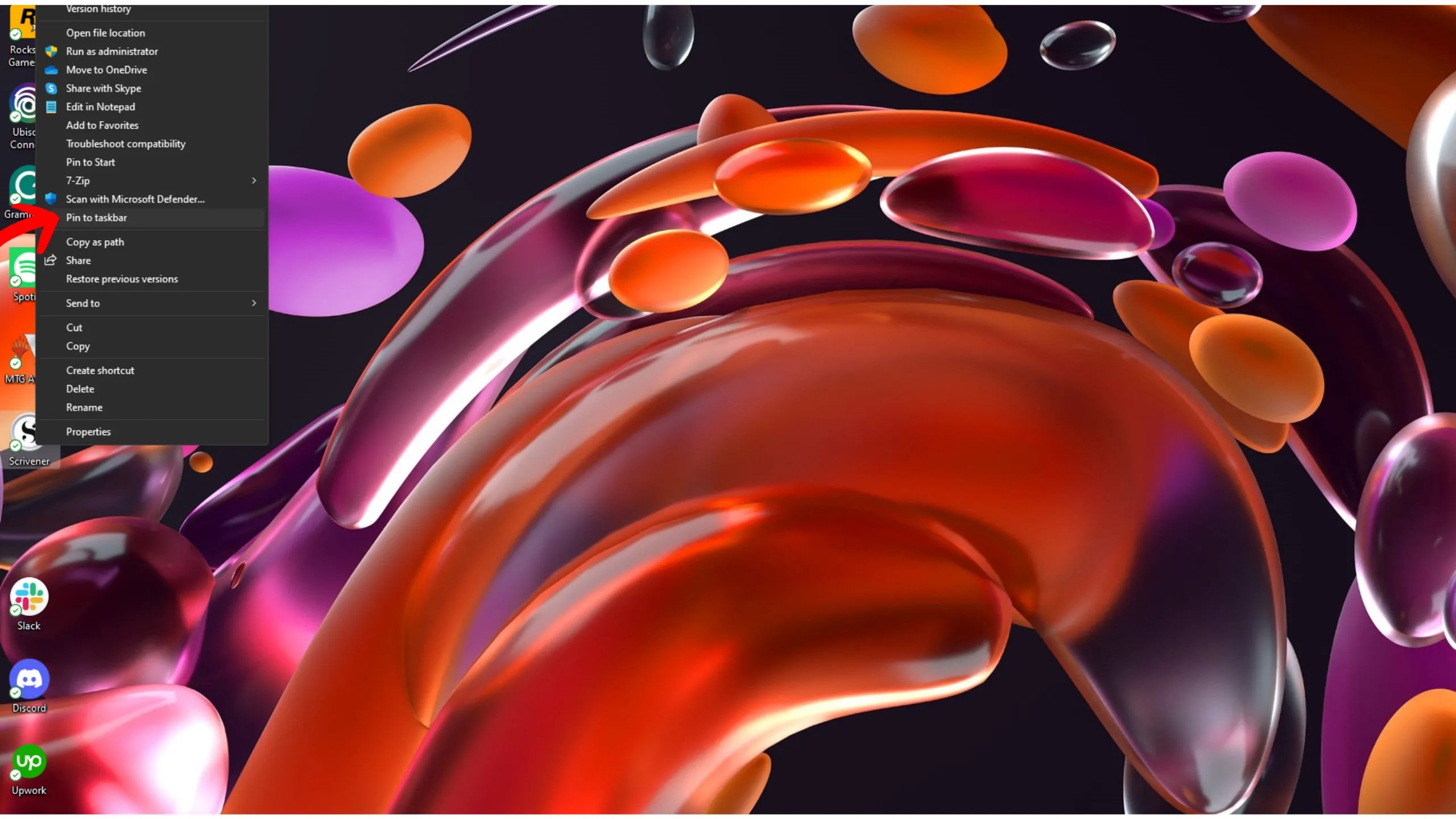 A screenshot showing how to pin desktop icons to the taskbar in Windows 11.