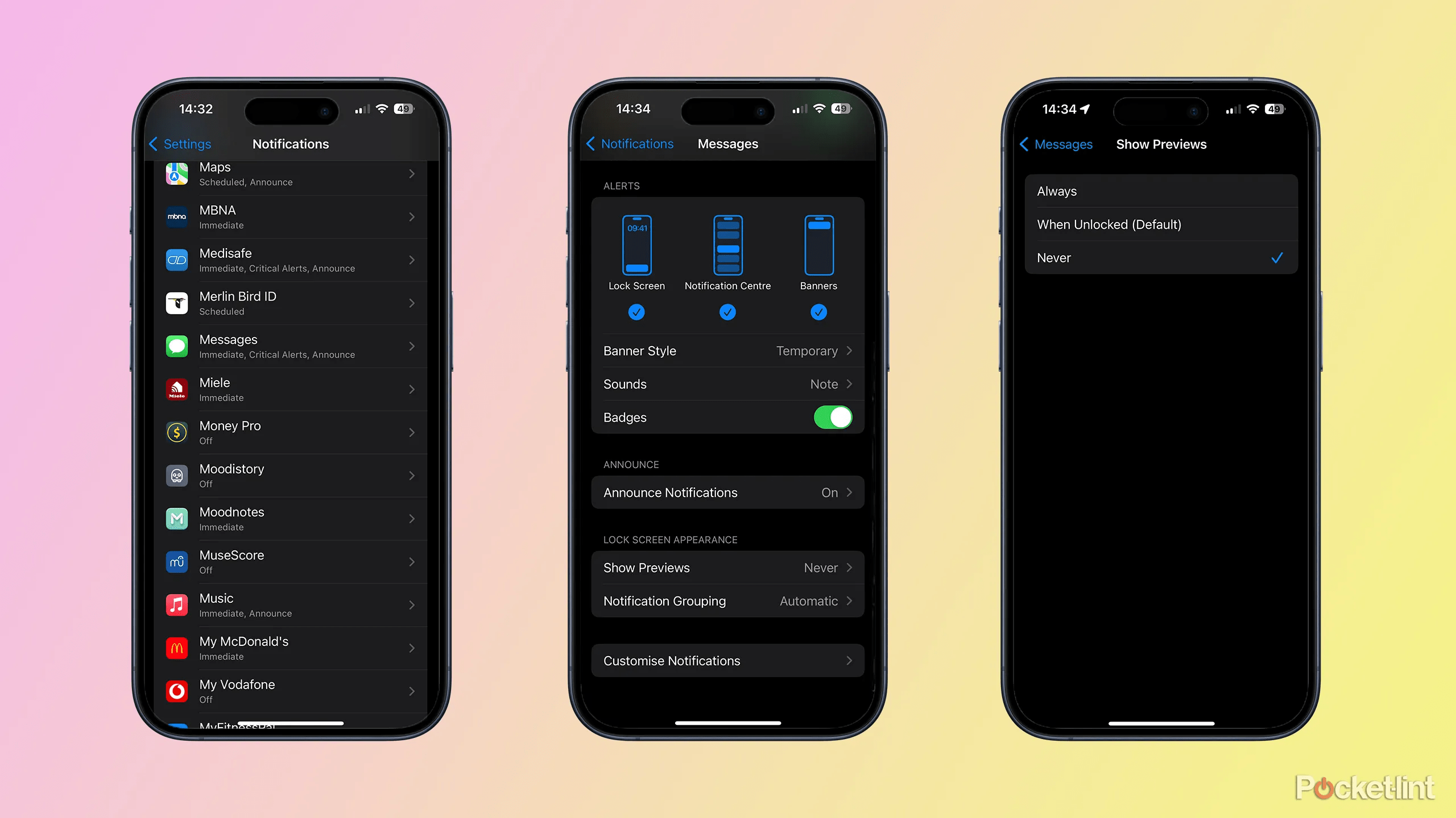 hide message previews in notifications on iphone