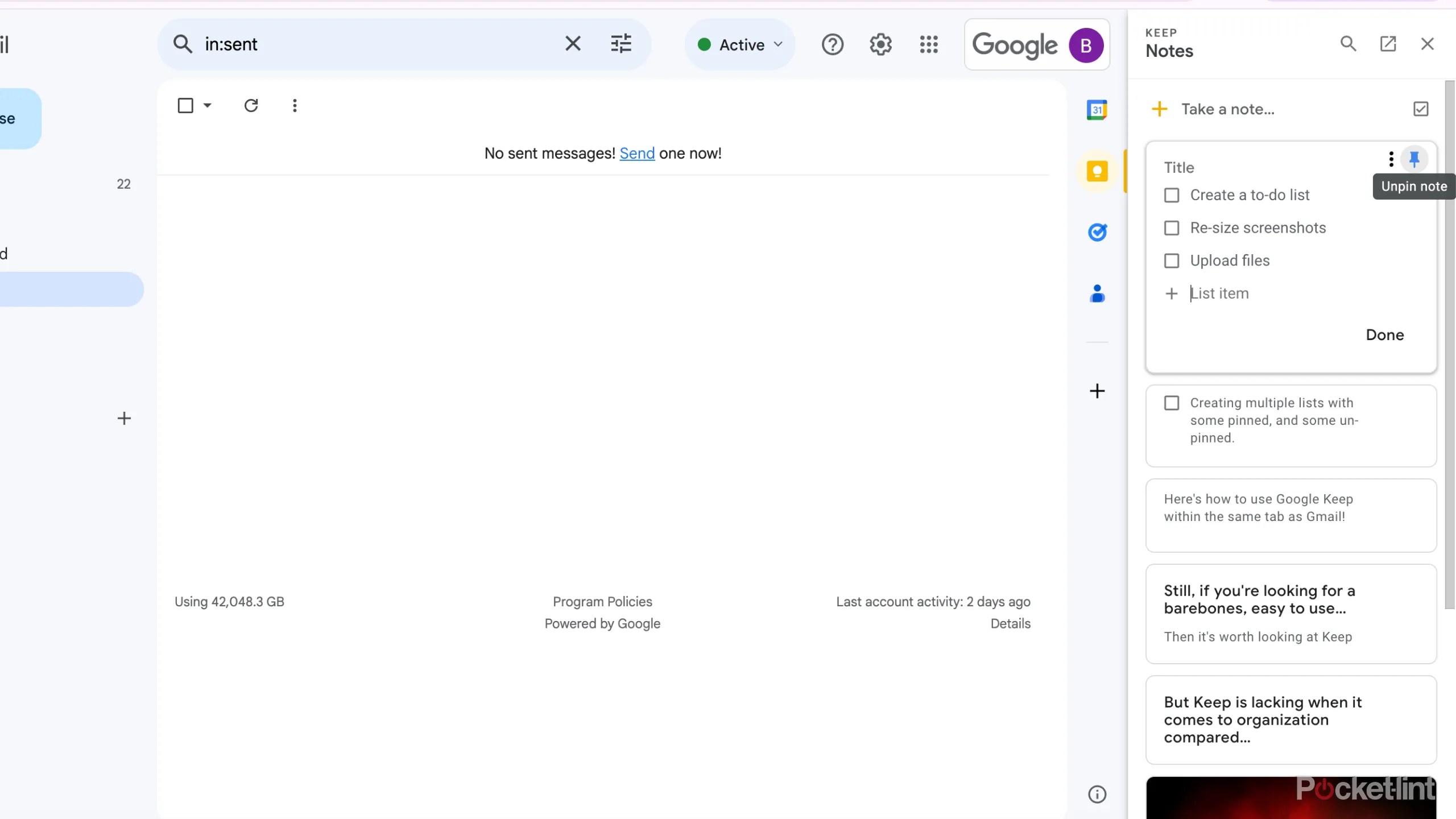 A screenshot showing how to pin notes within Google Keep.